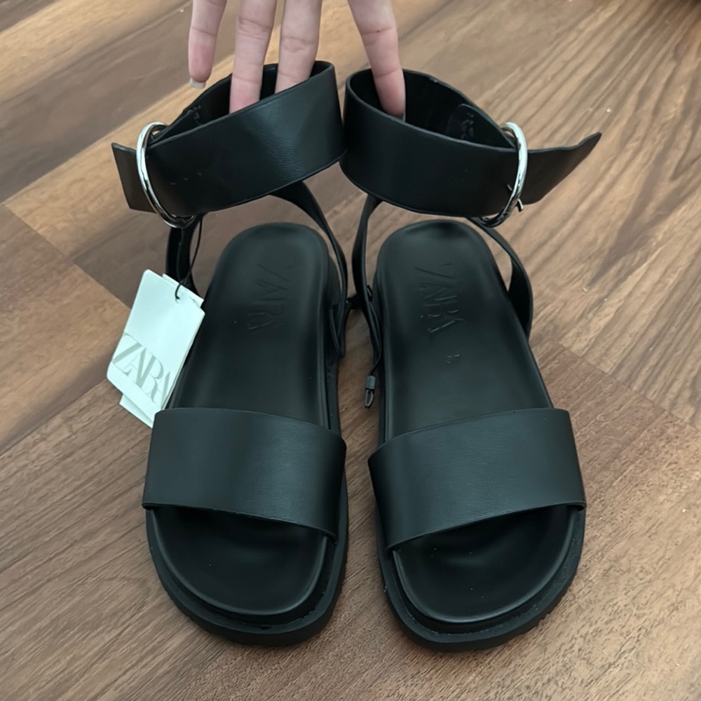 Zara Black Sandals with Wide Straps and Sturdy Sole